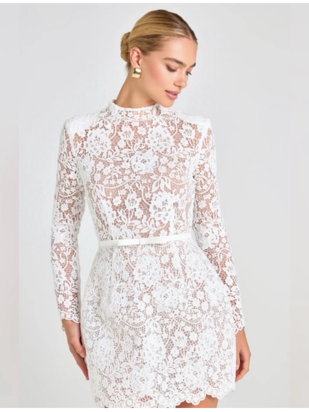 NADINE MERABI White Floral Lace Long-Sleeve Mini Dress